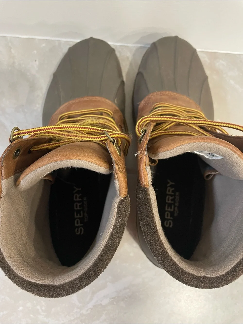 Sperry Brown and Olive Duck Boots